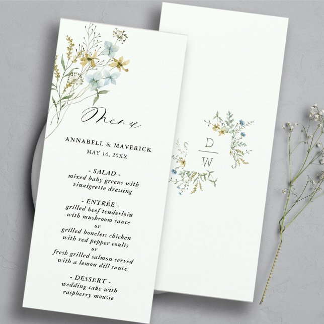 Menu Pale Green Delicate Wildflower Modern Boho Casamen (Front & Back)