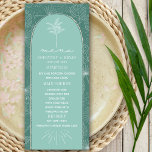 Menu Palm Tree Aqua Beach Wedding<br><div class="desc">Ilustração da arte da linha branca do padrão das palmeiras sobre o fundo verde aqua com texto branco e design da palmeira sobre o arco aqua com borda torta.</div>
