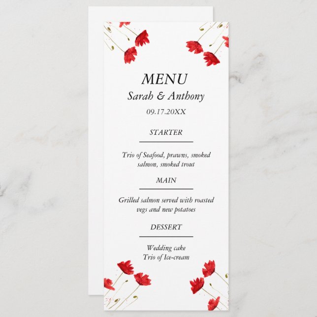 Menu Papagaios vermelhos Comida de Casamento com Aquare (Frente/Verso)