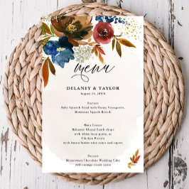 Menu Papel Floral Boho Boho com marinho e Cores d'