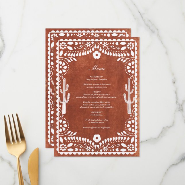 Menu Papel Picado Boda Mexican Terracotta Brown Wedding (Frente/Verso In Situ)
