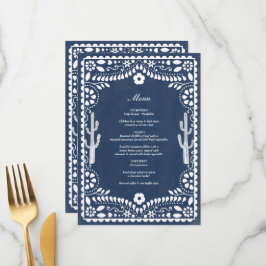 Menu Papel Picado Casamento Mexicano Rústico Azul Casam