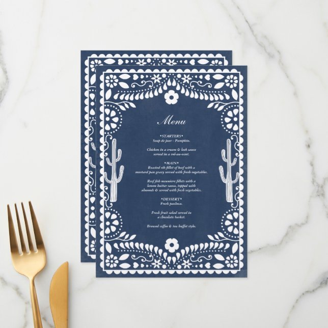 Menu Papel Picado Casamento Mexicano Rústico Azul Casam (Frente/Verso In Situ)