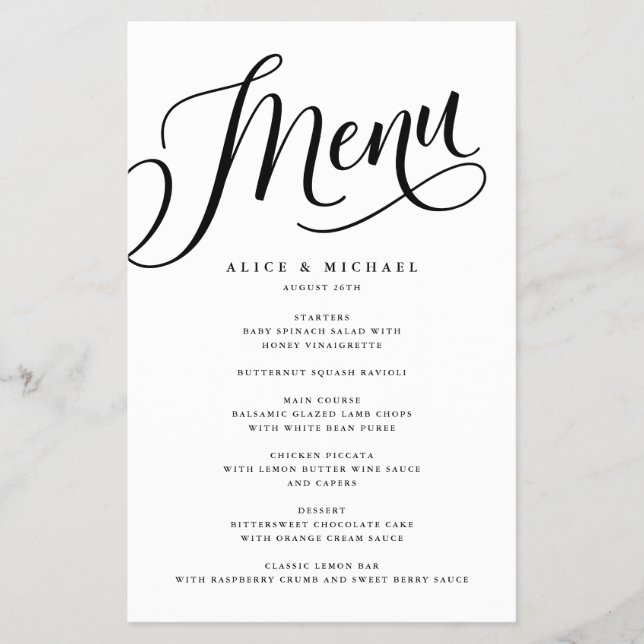 Menu Papel Preto Personalizado Floreado de Script (Frente)
