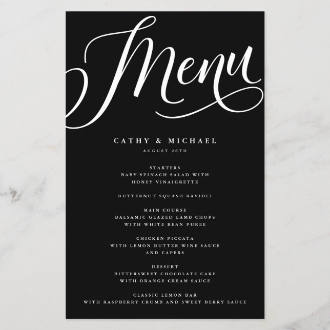 Menu Papel Preto, Script Floreado Moderno (Frente)