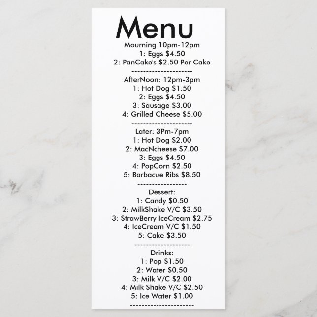 Menu para resturant (Frente)