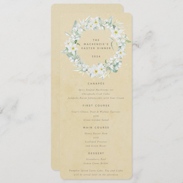 Menu Páscoa Floral Branco Amarelo Frota Flat 4 Curso (Frente/Verso)