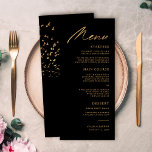 Menu Pássaros Elegantes de um Casamento Preto e Dourado<br><div class="desc">Estes elegantes e bonito menus de casamento são fáceis de personalizar! Eles apresentam a leitura de topografia de na moda,  "Menu" em folha de ouro falsa,  assim como um bando de pássaros no verso em folha de ouro falsa.</div>