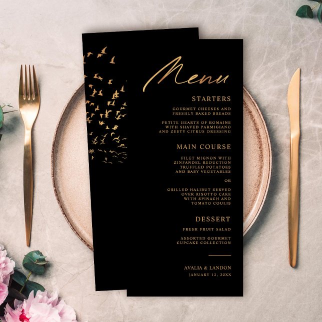 Menu Pássaros Elegantes de um Casamento Preto e Dourado (Criador carregado)