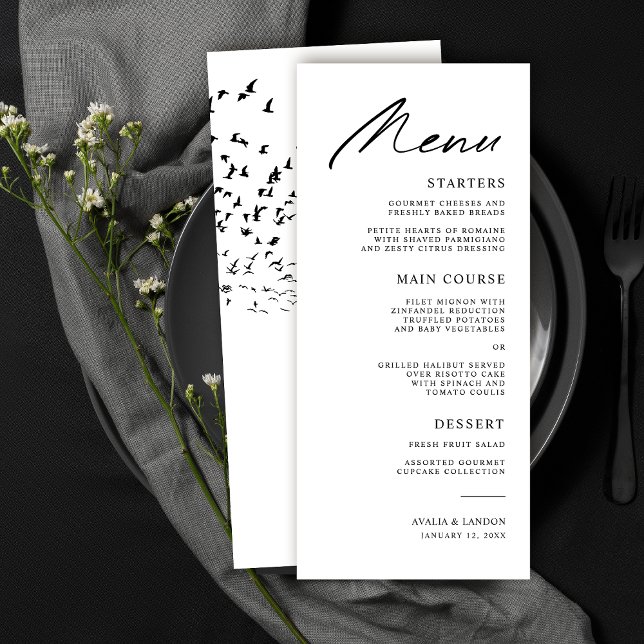 Menu Pássaros Modernos de Casamento Preto e Branco de P (Criador carregado)