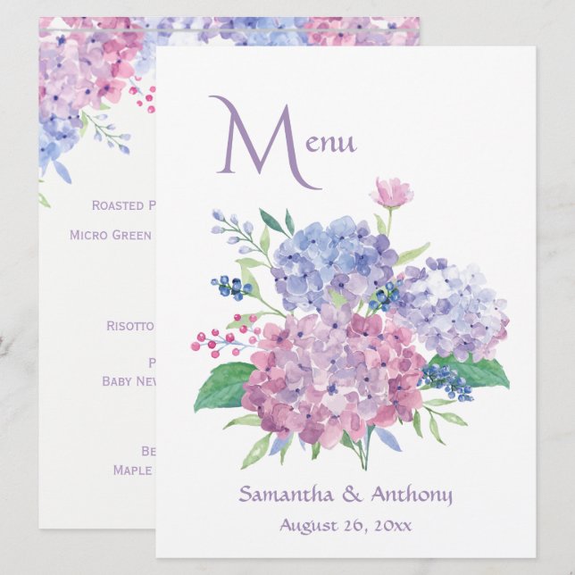 Menu Pastel Hydrangeas Wedding (Frente/Verso)