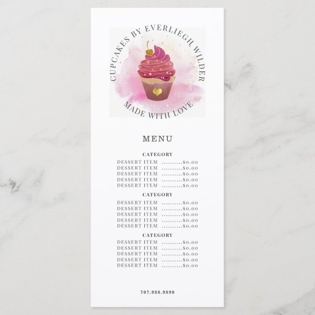 Menu Pastelaria de Cupcake de Aquarela (Frente)