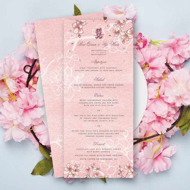 Menu Peach Blossoms Dupla Felicidade Casamento Chinês (Pink Peach/Plum Blossoms Double Happiness Elegant Chinese Wedding Menu Card @ fatfatin_red_knot)