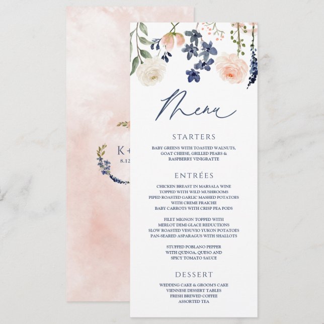 Menu Peach & Blue Weddflower Floral Botânico (Frente/Verso)