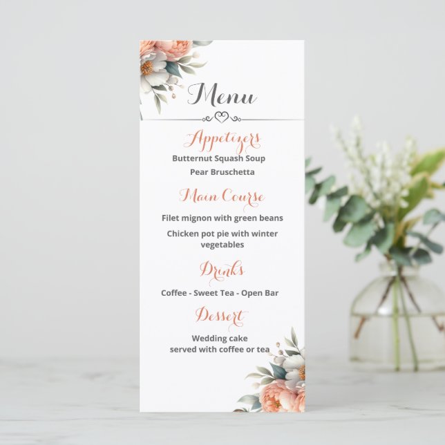Menu Peach e Recepção de casamento Branca (Em pé/Frente)
