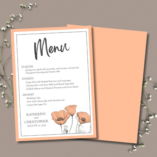 Menu Peach Floral Poppies Elegante Casamento (Elegant Peach Poppies Wedding Menu with choice of Entrees and Dessert.)