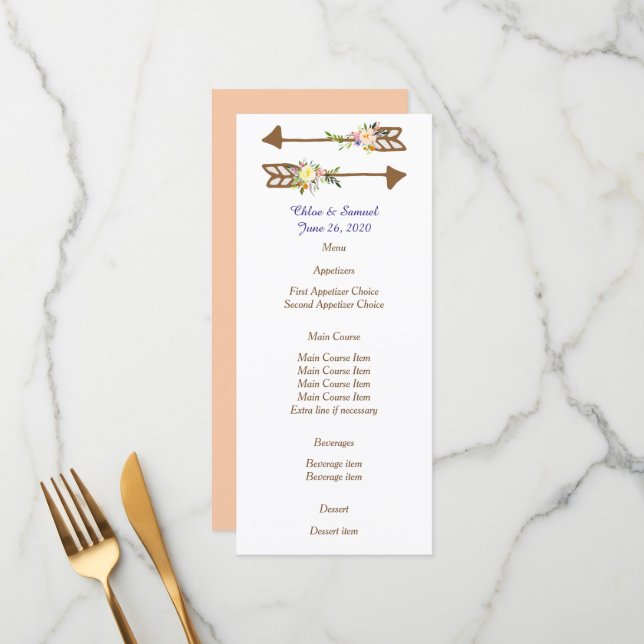 Menu Peach Floral Wedding (Frente/Verso In Situ)