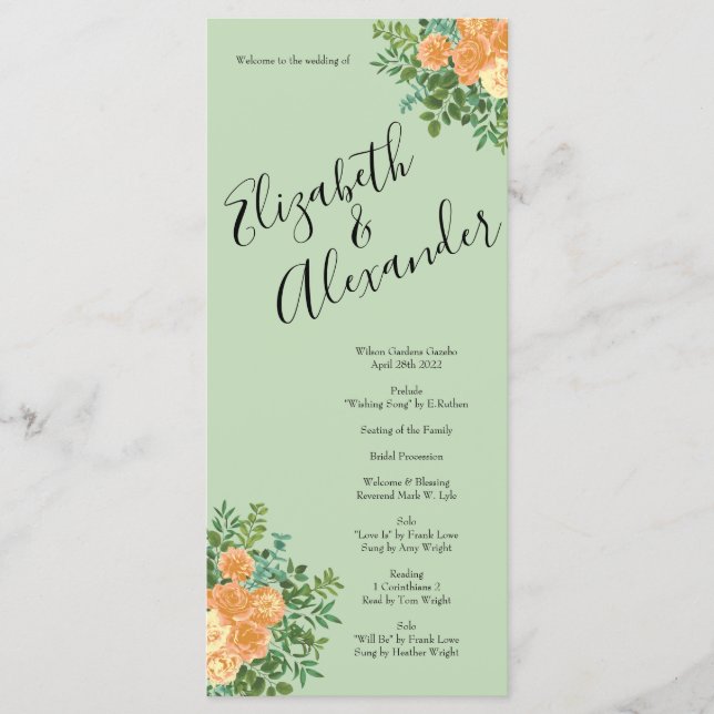 Menu Peach Green Wedding Primavera Pastel Floral (Frente)