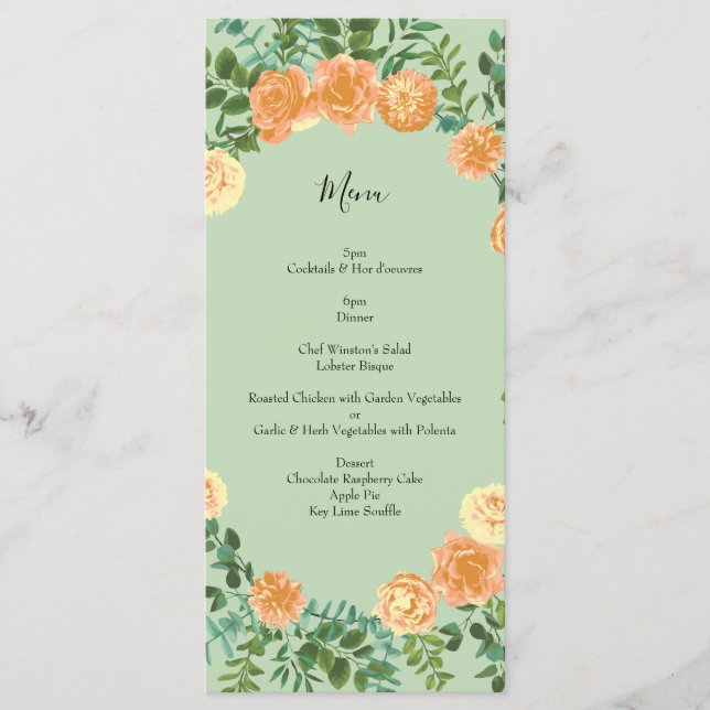 Menu Peach Light Green Peony & Rosa Floral WedMenu (Frente)