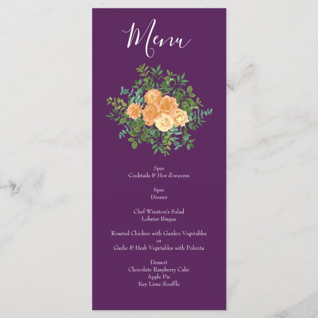 Menu Peach Plum Purple Rosa de Casamento (Frente)
