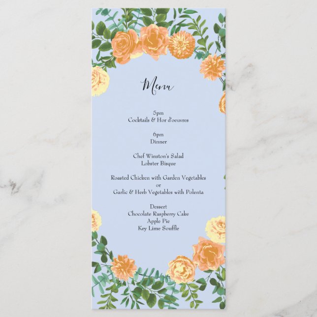 Menu Peach Rosas Azuis De Casamento Floral (Frente)