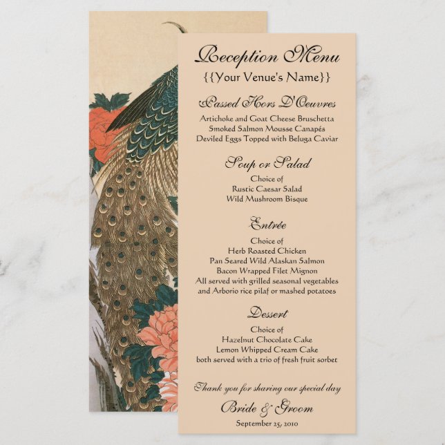 Menu Peacock e Peonies por Casamento Hiroshige (Frente/Verso)