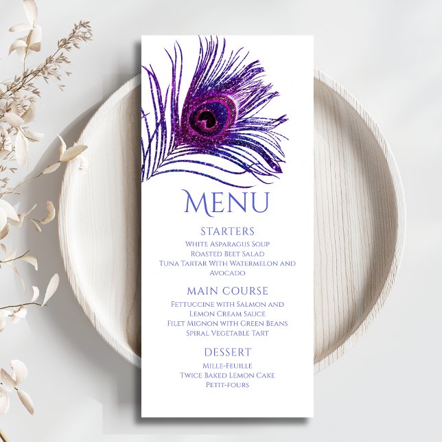 Menu Peacock Feather Chic Glitter Purple Bat Mitzvah (Criador carregado)