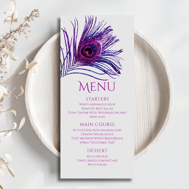 Menu Pena de Pavão Chic Brilho Roxo Bat Mitzvah (Criador carregado)