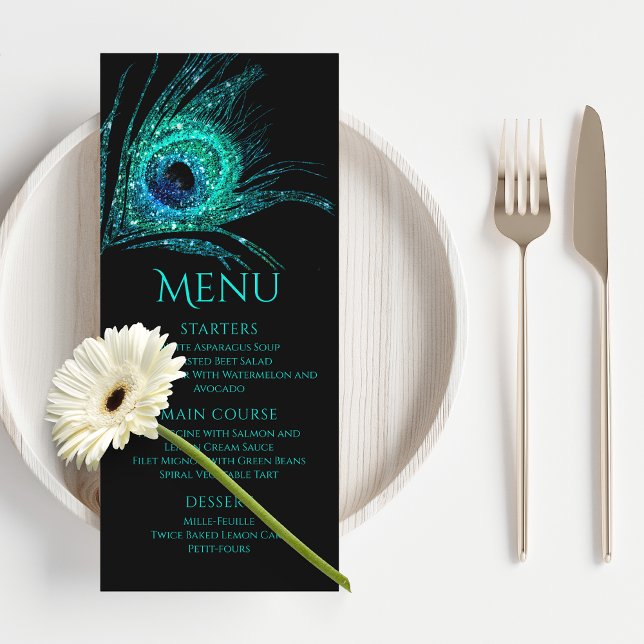 Menu Pena de Pavão Chic Brilho Turquesa Bat Mitzvah (Criador carregado)