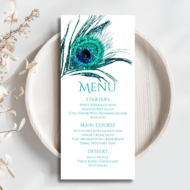 Menu Pena de Pavão Chic Brilho Turquesa Bat Mitzvah (Criador carregado)