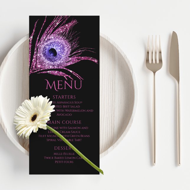 Menu Pena de Pavão Chic Glitter Rosa Bat Mitzvah (Criador carregado)