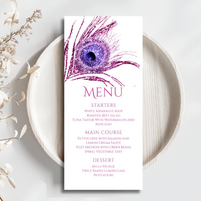 Menu Pena de Pavão Chic Glitter Rosa Bat Mitzvah (Criador carregado)
