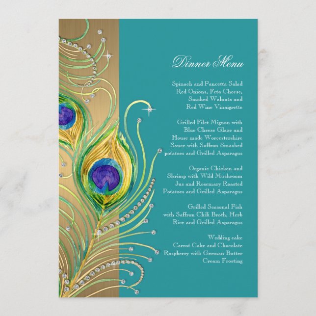Menu Penas Peacock Modern Faux Jewel Scroll Swirl (Frente)