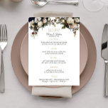 Menu Pêonias de inverno elegantes e cardápio de casamen<br><div class="desc">Texto editável menu de recepção monograma de casamento com lindas flores brancas e marfim e buquês verdes com folhagem sazonal,  ramos,  pinecones e folhas.                   Ideal para os seus casamentos botânicos no inverno.           Para itens de casamento coordenados,  veja a coleção inteira sob a imagem principal.</div>