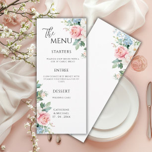 Menu Peônias Florais Rosa Azul Casamento Elegante