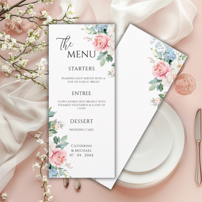 Menu Peônias Florais Rosa Azul Casamento Elegante (Criador carregado)