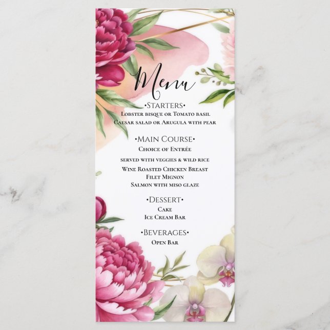 Menu Peony & Orchid Garden Floral Glam Wedding  (Frente)