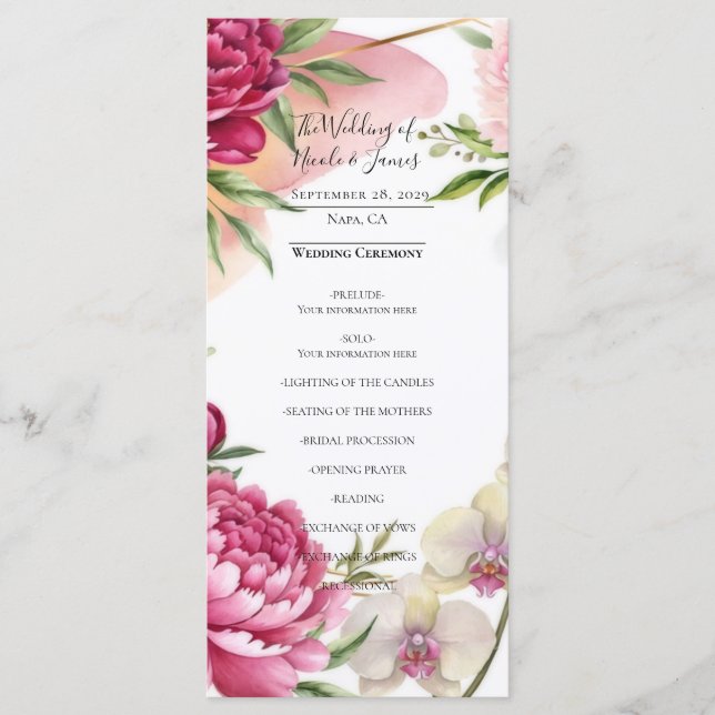Menu Peony & Orchid Garden Floral Glam Wedding  (Frente)