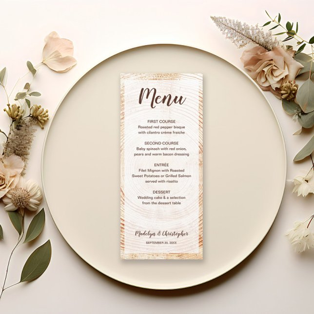 Menu Personalização Rustic Wedding Tree Wood Grain (Rustic wood texture background wedding menu with script. Customizable food courses.)