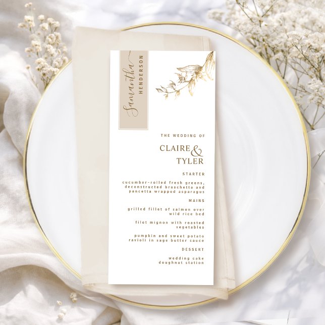 Menu Personalizado com Nome do Convidado Bege e Dourado (Criador carregado)