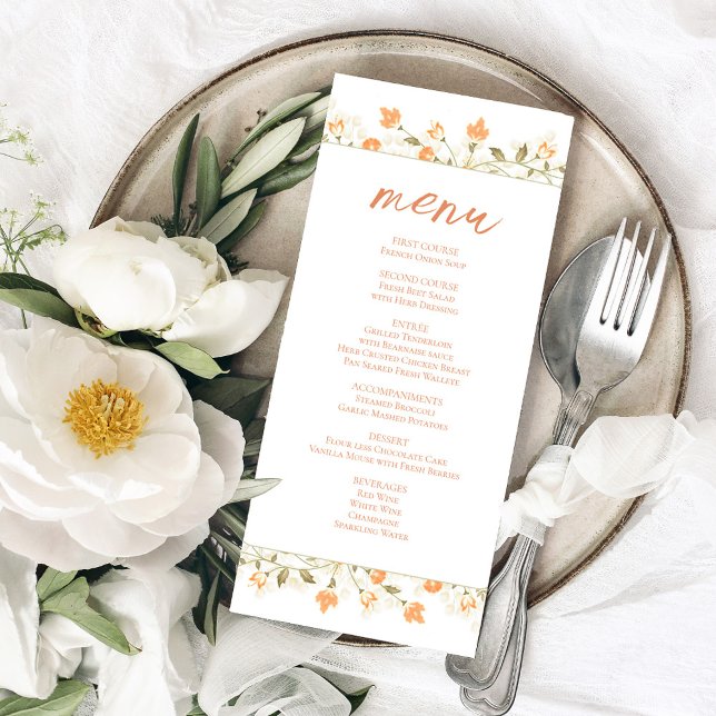 Menu Personalizado Peach Floral Wedding (Wedding menu card with a peach floral design.)