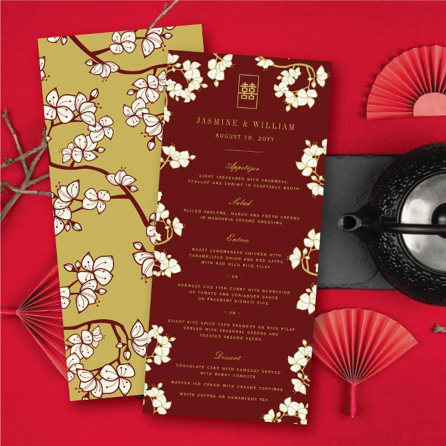 Menu Pêssego de marfim/ameixa Brilha Felicidade Dupla C (Ivory Peach/Plum Blossoms Double Happiness Floral Chinese Wedding Menu Card @ fatfatin_red_knot)