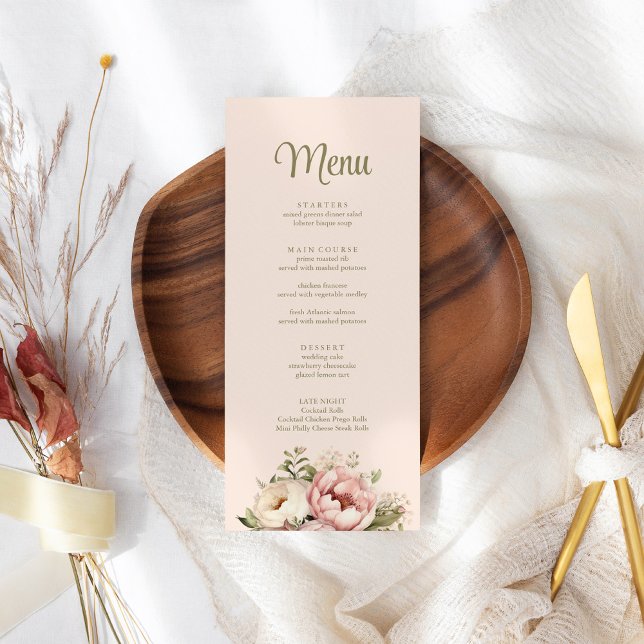 Menu Pêssego pálido e Cartão-Menu Floral Rosa-Esbranqui (Pale Peach and Blush Pink Floral Wedding Menu Card on a wedding table.)