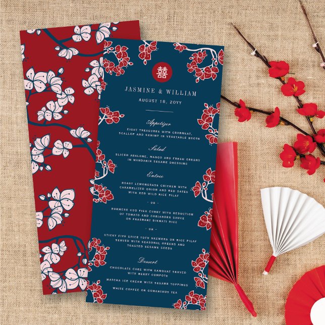 Menu Pêssego Vermelho/Ameixa Brilha Dupla Felicidade Ca (Red Peach/Plum Blossoms Double Happiness Floral Chinese Wedding Menu Card @ fatfatin_red_knot)