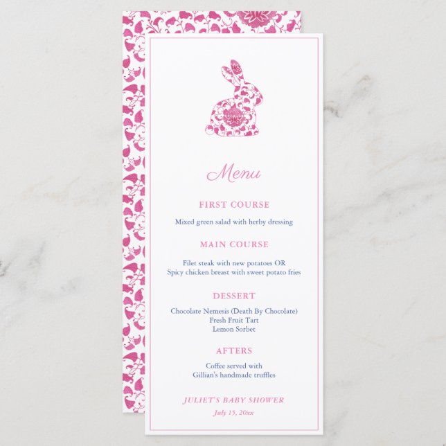 Menu Pink Chinoiserie Bunny Bridal Shower Party (Frente/Verso)