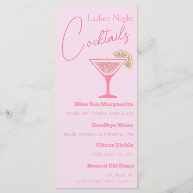 Menu Pink Glitter Martini - Festa Noturna das Damas (Frente)