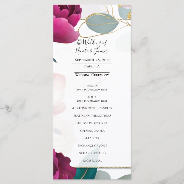 Menu Pink Peony Eucalyptus Garden Floral Glam Wedding  (Frente)
