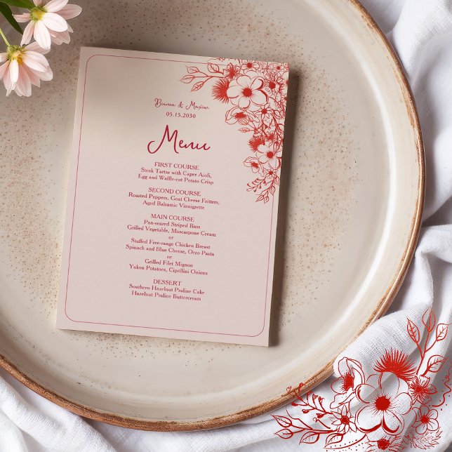 Menu Pink Red Floral Elegant Wedding (Criador carregado)