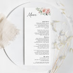 Menu Plano Blush Floral White Wedding<br><div class="desc">Este design de cardápio plano de casamento branco-floral apresenta lindos fundos neutros em chic, de preto ou branco, com simples tipografia moderna e caligrafia elegante para dar um tom sofisticado a qualquer estilo de evento. Cada produto é embelezado com rosas rosas rosadas e escamosas, cor-de-rosa, bem como fitas de pêssego...</div>