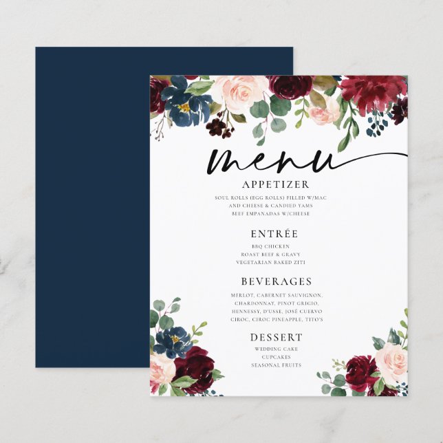 Menu Plano Boho Burgundy Blush Wedding (Frente/Verso)